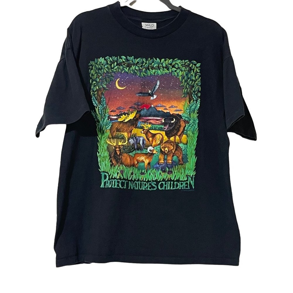 Wild Oats Protect Nature’s Children VTG women’s sz XL black 100% cotton ss tee